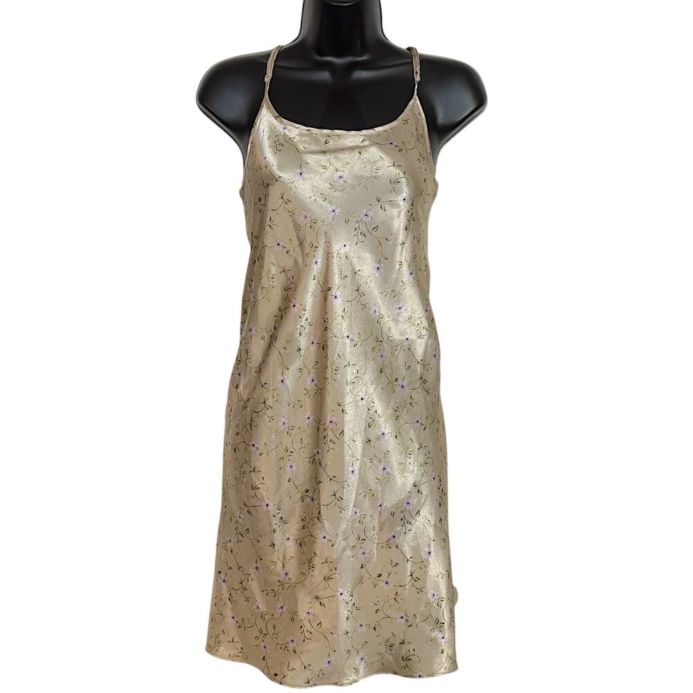 Vtg Delicate Treasures S Satin Chemise Slip Champagne Floral Cottage Fairy 90s